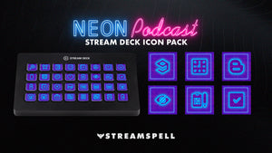 Close-up preview of Neon Podcast Stream Deck Icons in purple neon by StreamSpell — 400+ glowing icons for Elgato Stream Deck. Includes categories for podcasting, streaming, and content creation, shown on Stream Deck XL with detailed icon samples.