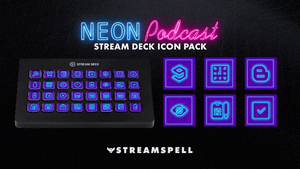 Close-up preview of Neon Podcast Stream Deck Icons in purple neon by StreamSpell — 400+ glowing icons for Elgato Stream Deck. Includes categories for podcasting, streaming, and content creation, shown on Stream Deck XL with detailed icon samples.