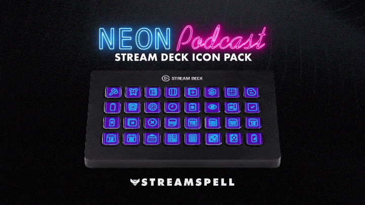 Neon Podcast Stream Deck Icons in glowing purple by StreamSpell displayed on Elgato Stream Deck models MK2, XL, and Mini. Includes 400+ icons for podcasting, streaming, and creator setups with a bold neon purple aesthetic.