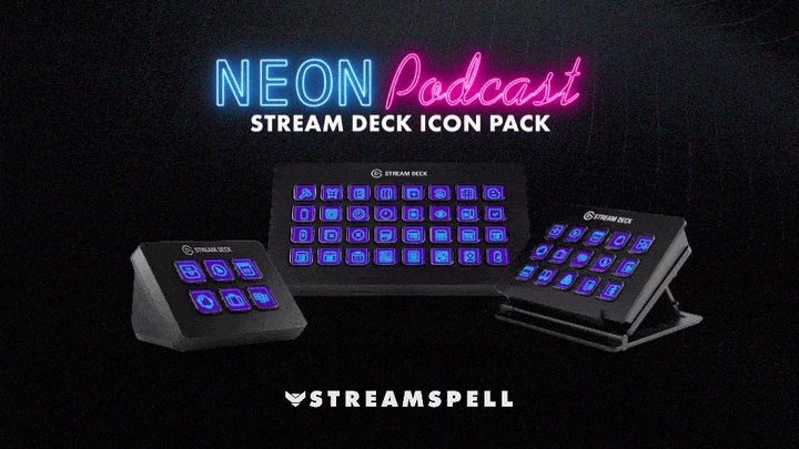 Neon Podcast Stream Deck Icons by StreamSpell: glowing neon purple and pink icons displayed on Elgato Stream Deck models MK2, XL, and Mini. Perfect for podcasting, streaming, and professional creator setups. Includes 400+ icons in a bold neon style.