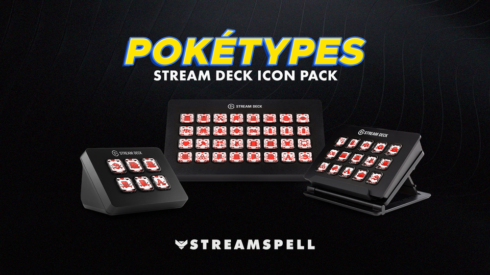 Poketypes Stream Deck Icon Pack by StreamSpell featuring Blaze type Pokémon-inspired icons in fiery red designs. Displayed on Elgato Stream Deck devices. Works with OBS Studio, Streamlabs and all Stream Deck models.
