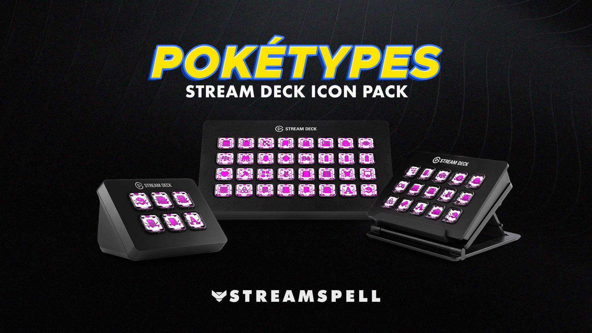 Poketypes Stream Deck Icon Pack by StreamSpell featuring Fairy type Pokémon-inspired icons in pink designs. Displayed on Elgato Stream Deck XL and Plus. Fully compatible with OBS Studio, Streamlabs and all Stream Deck models.