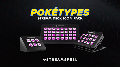 Poketypes Stream Deck Icon Pack by StreamSpell featuring Fairy type Pokémon-inspired icons in pink designs. Displayed on Elgato Stream Deck XL and Plus. Fully compatible with OBS Studio, Streamlabs and all Stream Deck models.