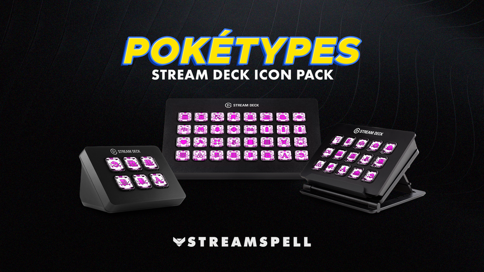 Poketypes Stream Deck Icon Pack by StreamSpell featuring Fairy type Pokémon-inspired icons in pink designs. Displayed on Elgato Stream Deck XL and Plus. Fully compatible with OBS Studio, Streamlabs and all Stream Deck models.