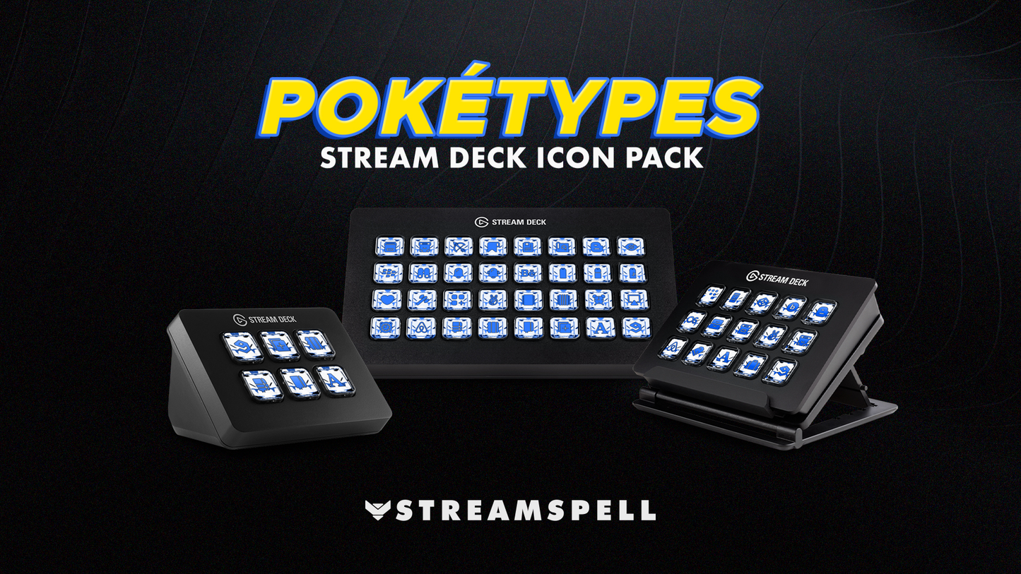 Poketypes Stream Deck Icon Pack by StreamSpell featuring Ice type Pokémon-inspired icons in frosty blue designs. Displayed on multiple Elgato Stream Deck devices. Fully compatible with OBS Studio, Streamlabs and all Stream Deck models.