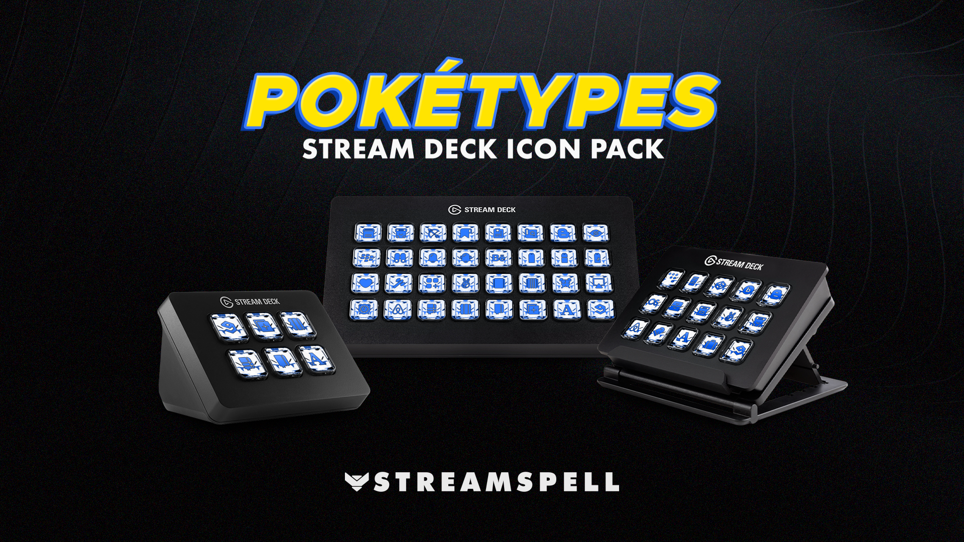Poketypes Stream Deck Icon Pack by StreamSpell featuring Ice type Pokémon-inspired icons in frosty blue designs. Displayed on multiple Elgato Stream Deck devices. Fully compatible with OBS Studio, Streamlabs and all Stream Deck models.
