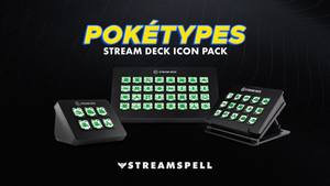 Poketypes Stream Deck Icon Pack by StreamSpell featuring Leaf type Pokémon-inspired icons in green designs. Shown on Elgato Stream Deck XL, Mini and Plus. Compatible with OBS Studio, Streamlabs and all Stream Deck models.