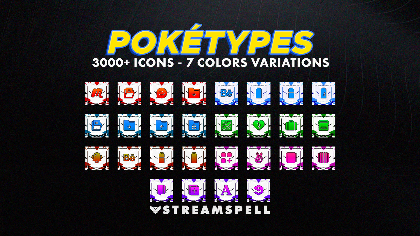 Poketypes Stream Deck Icon Pack by StreamSpell showcasing 3000+ Pokémon-inspired icons in 7 color variations. Includes designs for gaming, Discord, social media and UI. Fully compatible with Elgato Stream Deck models (MK2, XL, Plus, Neo, Mini), OBS Studio and Streamlabs.