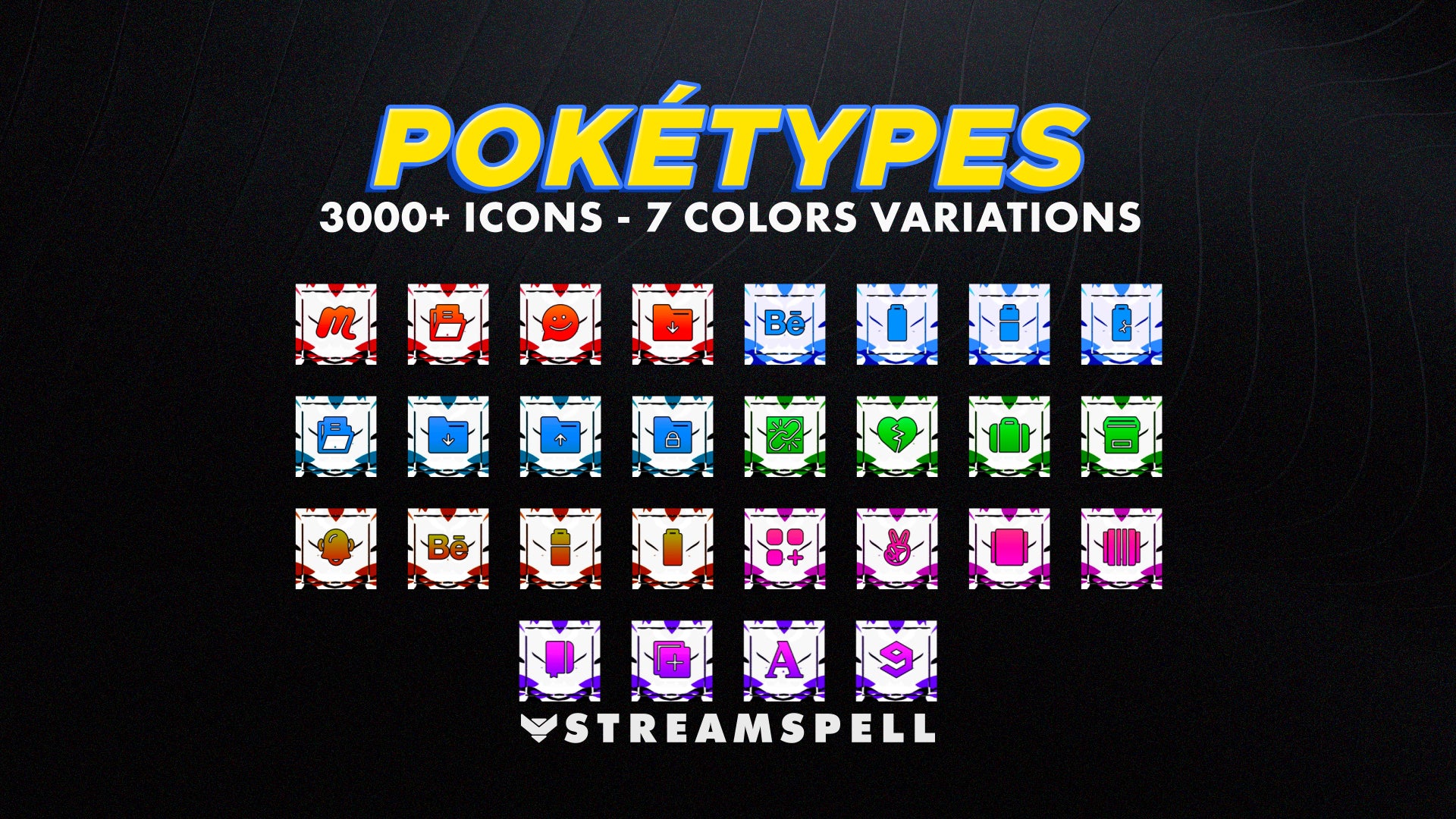 Poketypes Stream Deck Icon Pack by StreamSpell showcasing 3000+ Pokémon-inspired icons in 7 color variations. Includes designs for gaming, Discord, social media and UI. Fully compatible with Elgato Stream Deck models (MK2, XL, Plus, Neo, Mini), OBS Studio and Streamlabs.
