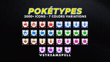 Load image into Gallery viewer, Poketypes Stream Deck Icon Pack by StreamSpell showcasing 3000+ Pokémon-inspired icons in 7 color variations. Includes designs for gaming, Discord, social media and UI. Fully compatible with Elgato Stream Deck models (MK2, XL, Plus, Neo, Mini), OBS Studio and Streamlabs.