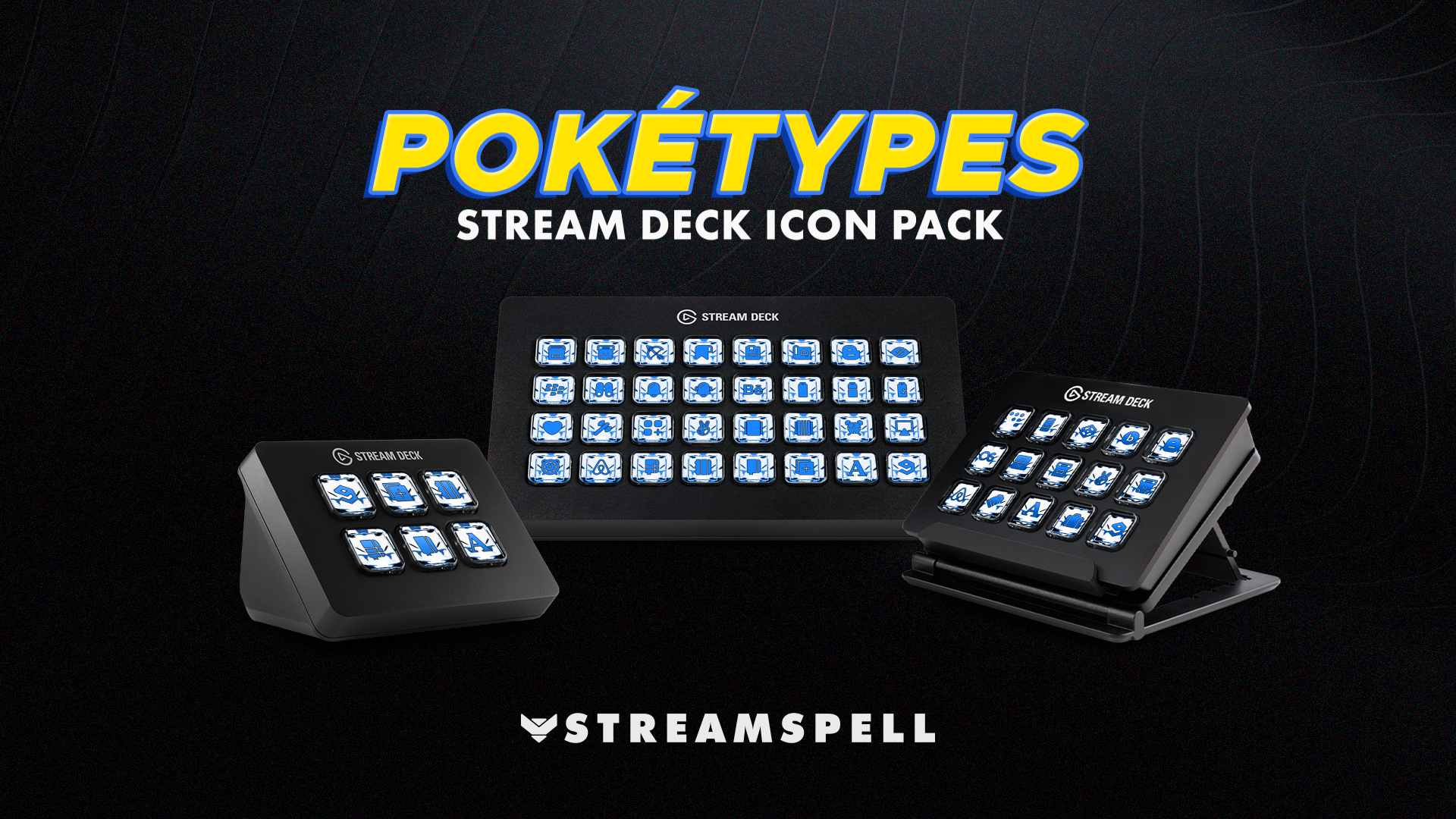 Poketypes Stream Deck Icon Pack by StreamSpell featuring Water type Pokémon-inspired icons in aqua blue designs. Displayed on Elgato Stream Deck devices. Fully compatible with OBS Studio, Streamlabs and all Stream Deck models.