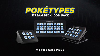 Poketypes Stream Deck Icon Pack by StreamSpell featuring Water type Pokémon-inspired icons in aqua blue designs. Displayed on Elgato Stream Deck devices. Fully compatible with OBS Studio, Streamlabs and all Stream Deck models.