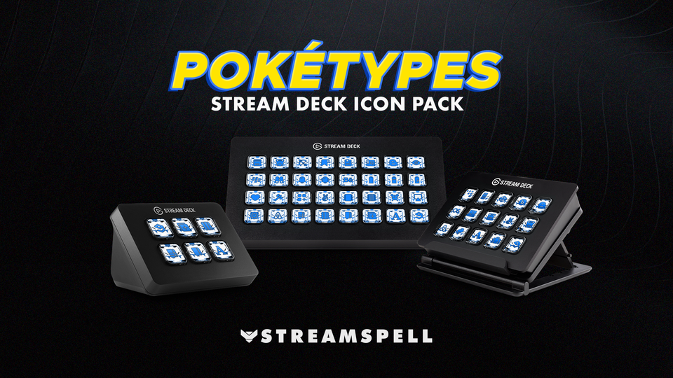 Poketypes Stream Deck Icon Pack by StreamSpell featuring Water type Pokémon-inspired icons in aqua blue designs. Displayed on Elgato Stream Deck devices. Fully compatible with OBS Studio, Streamlabs and all Stream Deck models.