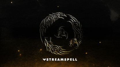 Dark fantasy emblem with glowing golden dragon and rune circle promoting the Crimson Saga Stream Package by StreamSpell for Twitch, YouTube, and OBS.