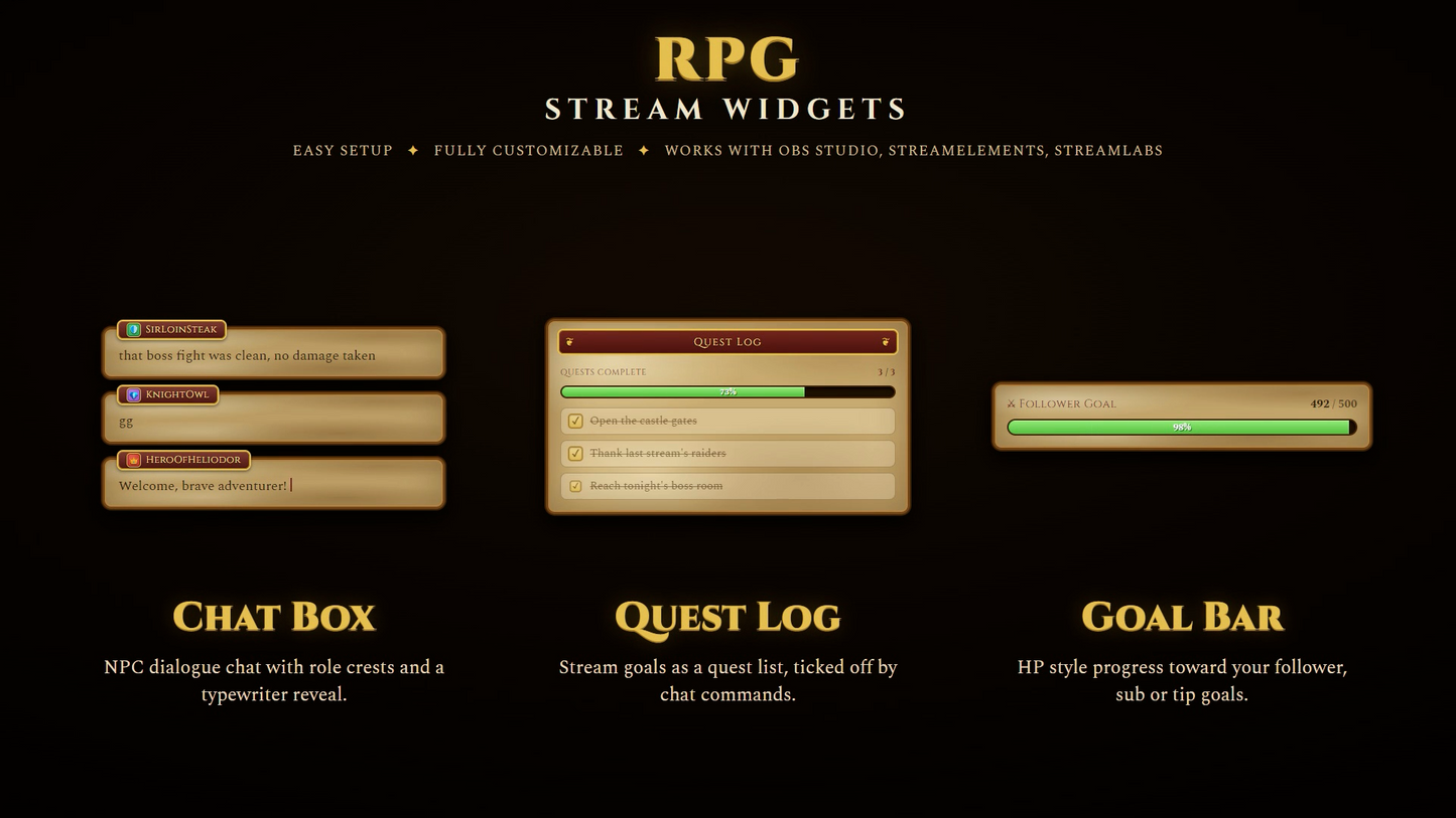 RPG stream widgets on a black background with gold text and design elements.