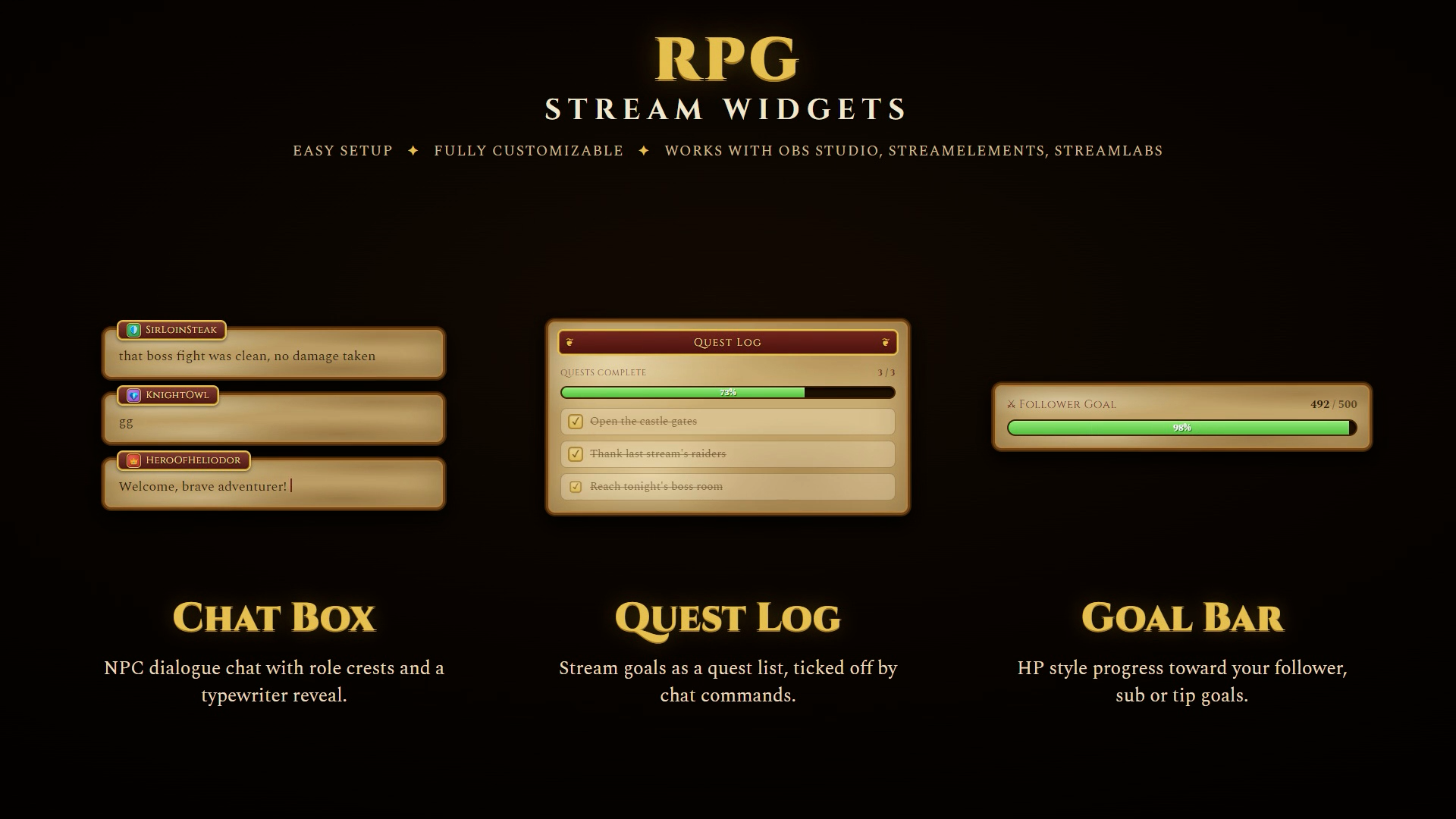 RPG stream widgets on a black background with gold text and design elements.