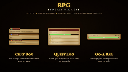 RPG stream widgets on a black background with gold text and design elements.