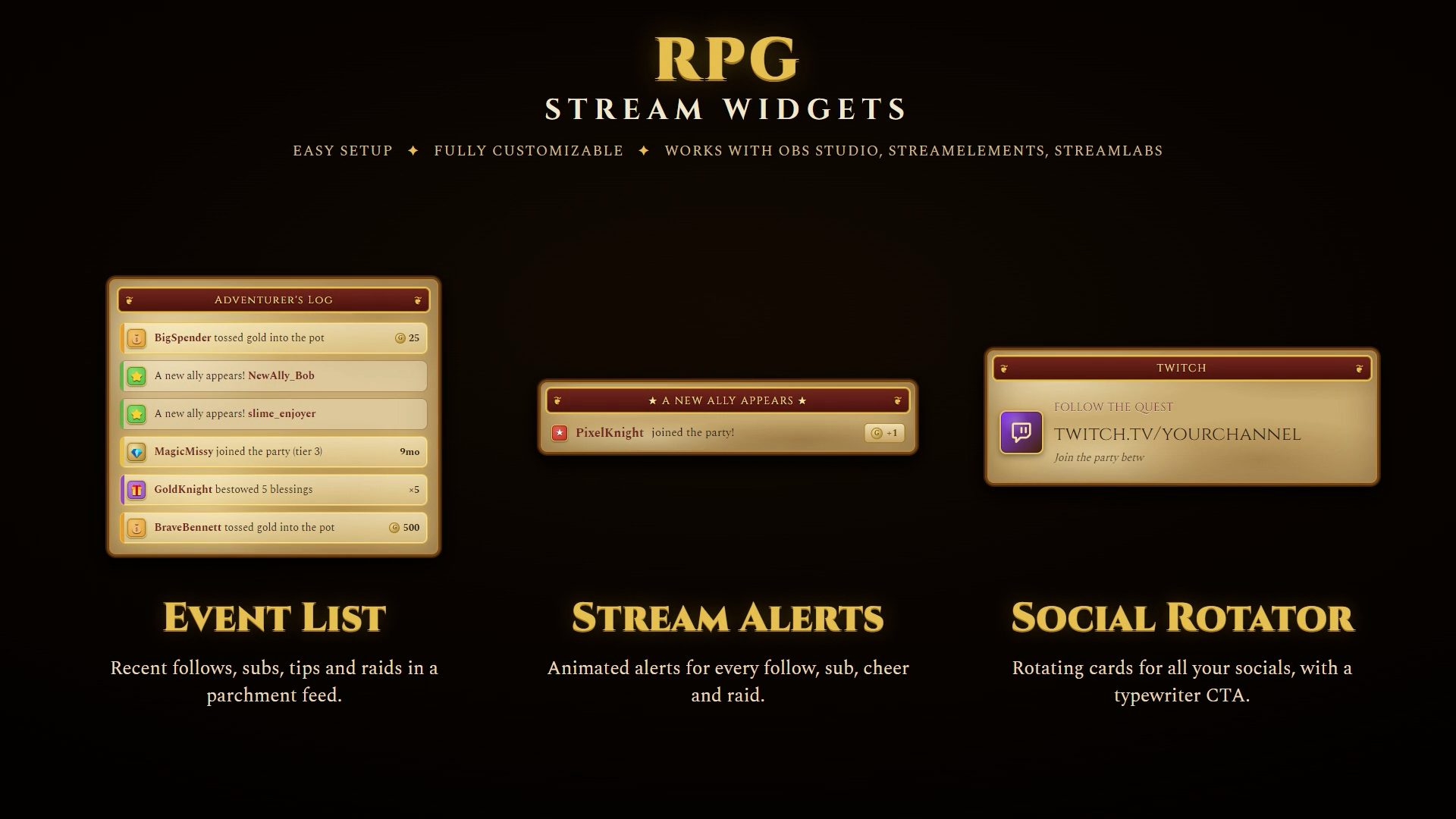 RPG Stream Widgets with event list, stream alerts, and social rotator on a black background