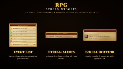 RPG Stream Widgets with event list, stream alerts, and social rotator on a black background