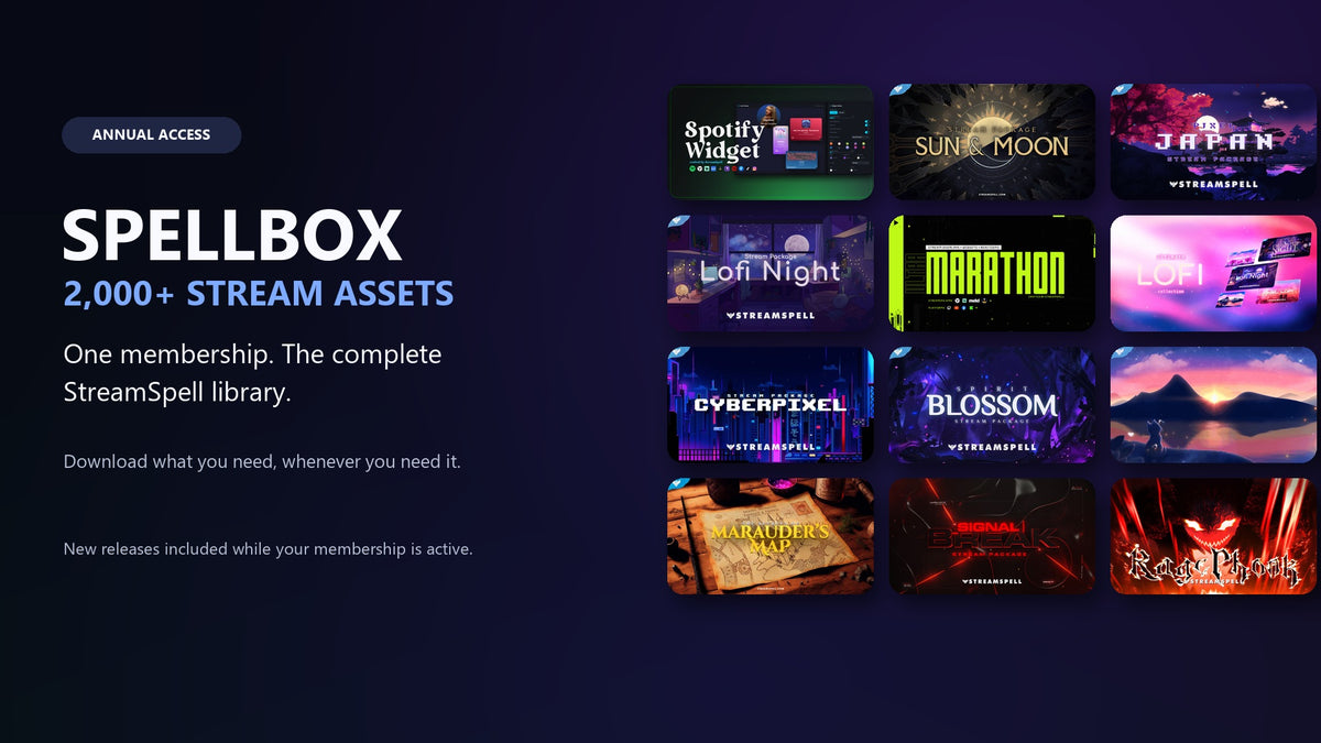 Spellbox annual membership with 2,000+ StreamSpell assets and product cover grid