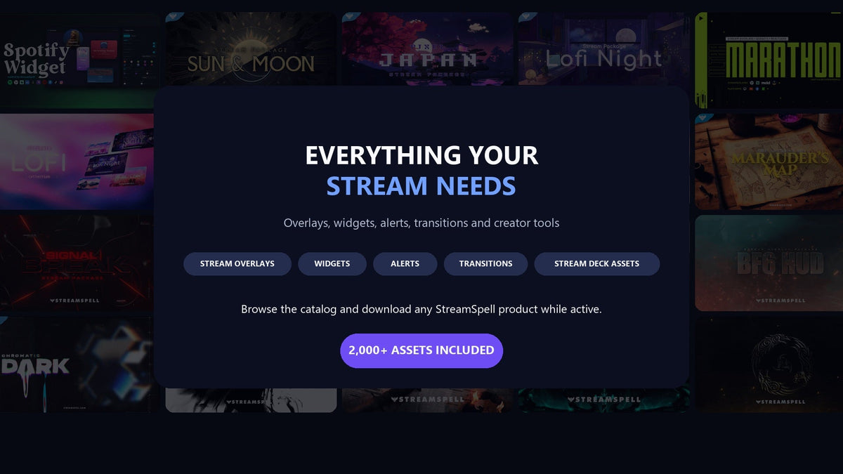 Spellbox includes stream overlays, widgets, alerts, transitions, and Stream Deck assets
