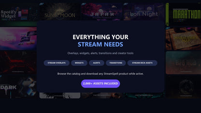 Spellbox includes stream overlays, widgets, alerts, transitions, and Stream Deck assets