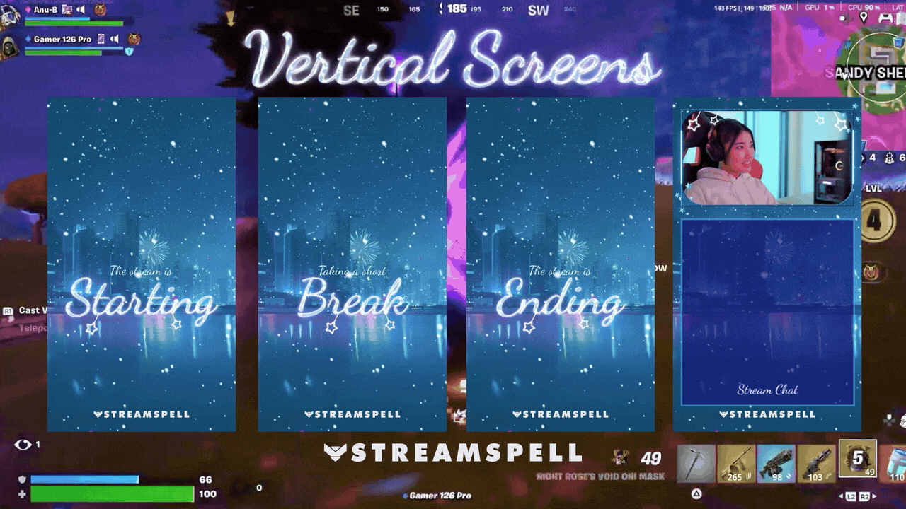Vertical animated winter stream screen with snowy city background, glowing lights, and fireworks, designed for dual output streaming using the Winter Fireworks 2026 package by StreamSpell. Perfect for Twitch, TikTok, and Shorts.