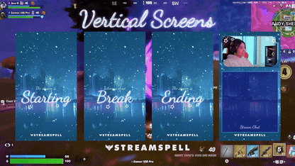 Vertical animated winter stream screen with snowy city background, glowing lights, and fireworks, designed for dual output streaming using the Winter Fireworks 2026 package by StreamSpell. Perfect for Twitch, TikTok, and Shorts.