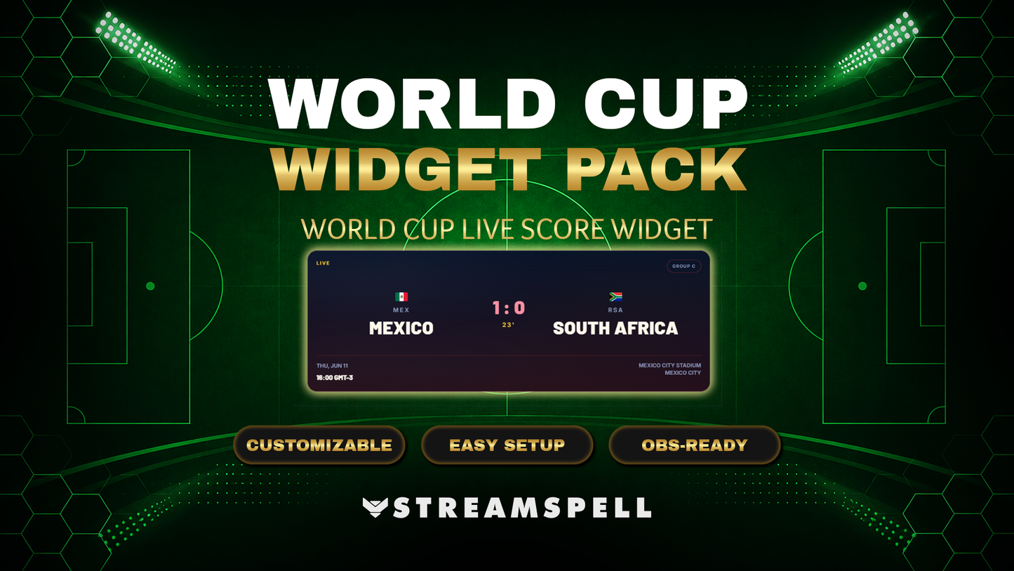 World Cup Live Score Widget by StreamSpell showing a football match score display with teams, match status, and stadium-themed overlay design for OBS-ready streams.