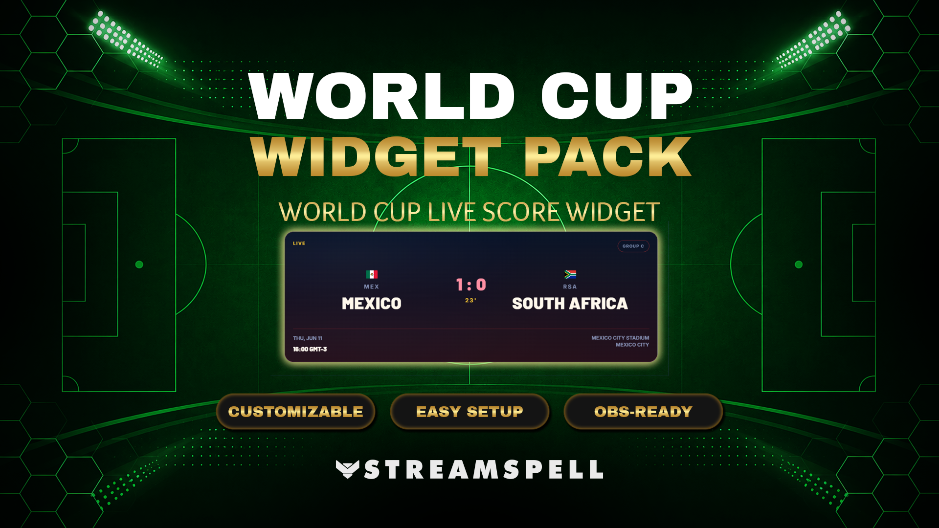 World Cup Live Score Widget by StreamSpell showing a football match score display with teams, match status, and stadium-themed overlay design for OBS-ready streams.