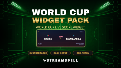World Cup Live Score Widget by StreamSpell showing a football match score display with teams, match status, and stadium-themed overlay design for OBS-ready streams.