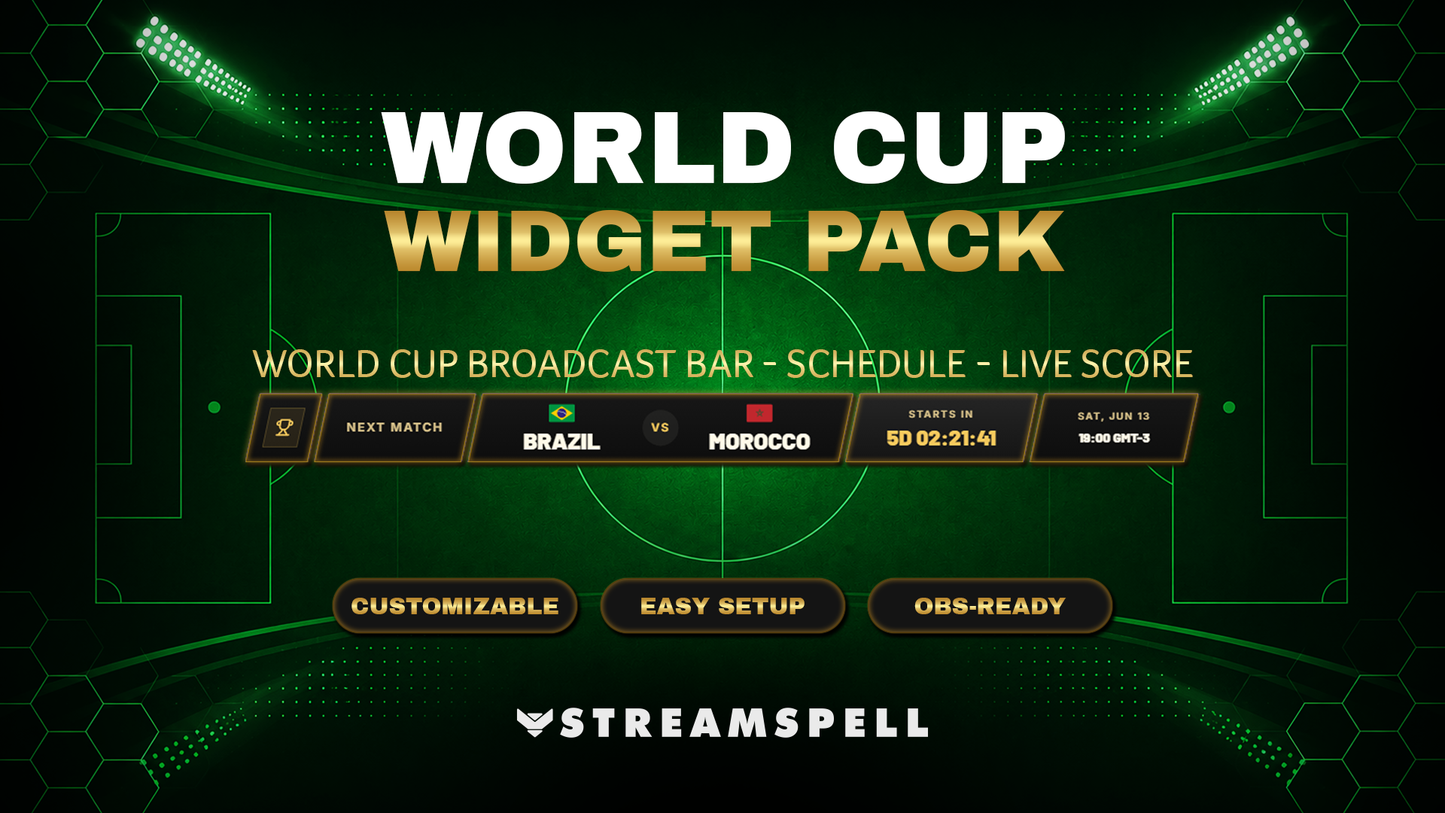 World Cup Widget Pack by StreamSpell featuring a football stadium design and Broadcast Bar widget with teams, countdown, kickoff time, and OBS-ready setup.