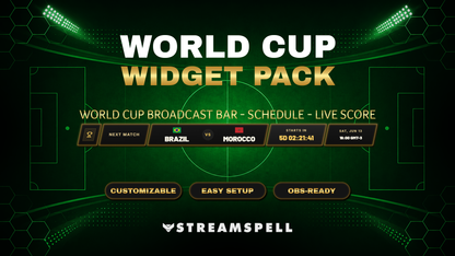 World Cup Widget Pack by StreamSpell featuring a football stadium design and Broadcast Bar widget with teams, countdown, kickoff time, and OBS-ready setup.