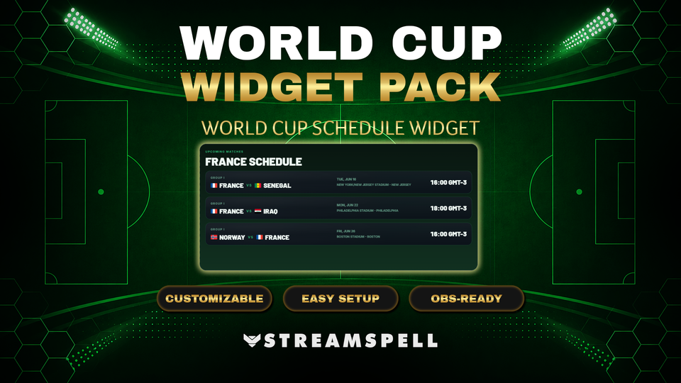 World Cup Schedule Widget by StreamSpell showing upcoming football matches in a green stadium-themed design for OBS, Streamlabs, and StreamElements.