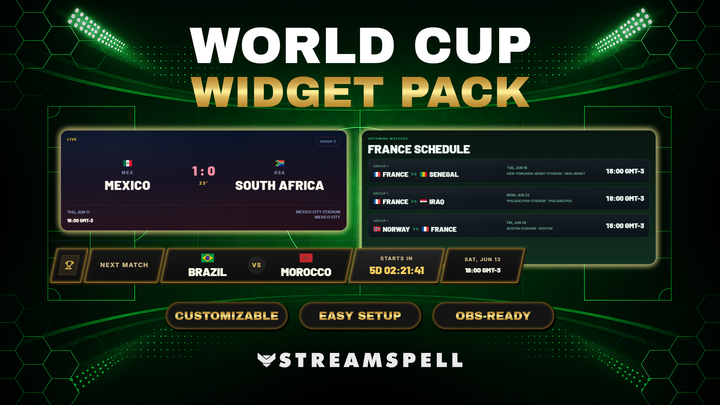 World Cup Widget Pack by StreamSpell featuring Broadcast Bar, Schedule, and Live Score widgets for football streams, watch parties, OBS, Streamlabs, and StreamElements.