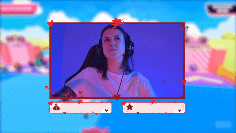 Valentine’s Day webcam overlay with floating hearts and pink romantic aesthetic, part of the StreamSpell package for OBS and Streamlabs.