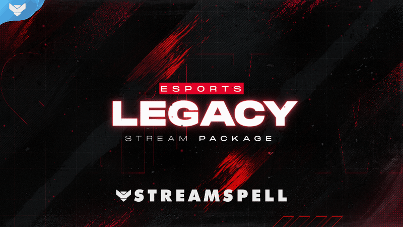 Red and black esports stream overlay with dynamic effects, designed for competitive games like Valorant, CS2, and Apex Legends, part of the Legacy animated package for OBS and Streamlabs.