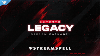 Red and black esports stream overlay with dynamic effects, designed for competitive games like Valorant, CS2, and Apex Legends, part of the Legacy animated package for OBS and Streamlabs.