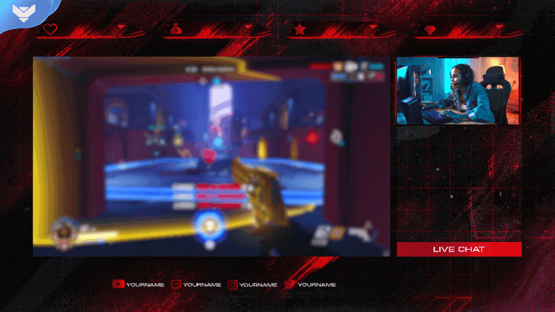 Just Chatting screen - Red and black esports stream overlay with dynamic effects, designed for competitive games like Valorant, CS2, and Apex Legends, part of the Legacy animated package for OBS and Streamlabs.