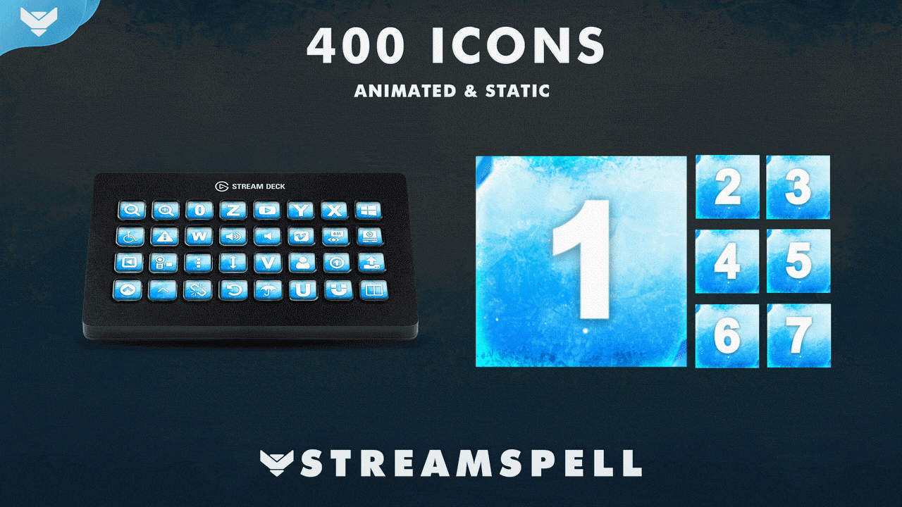 Ice-themed Stream Deck icons with frozen blue effects and frost-inspired gaming aesthetic, displayed on Elgato Stream Deck devices as part of the Elements: Ice icon pack by StreamSpell.