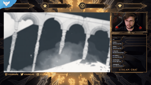 Gameplay stream overlay preview from Sun and Moon Stream Package by StreamSpell, featuring webcam frame, stream chat panel, and celestial HUD elements for Twitch and YouTube creators.