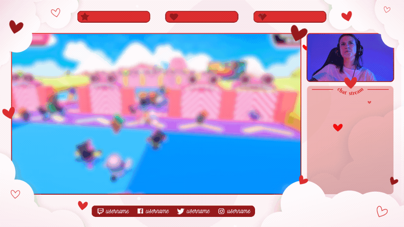 Valentine’s Day Just Chatting screen with floating hearts, pink and red romantic aesthetic, and cozy love-inspired design, part of the StreamSpell package for OBS and Streamlabs.