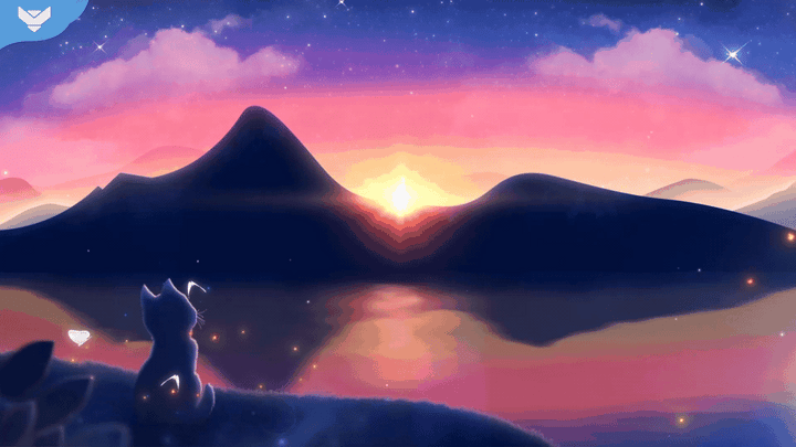 Cozy lofi stream overlay with sunset sky, mountains, soft pastel colors, and a cat watching butterflies, promoting the Lofi Dream animated stream package by StreamSpell for OBS and Streamlabs.