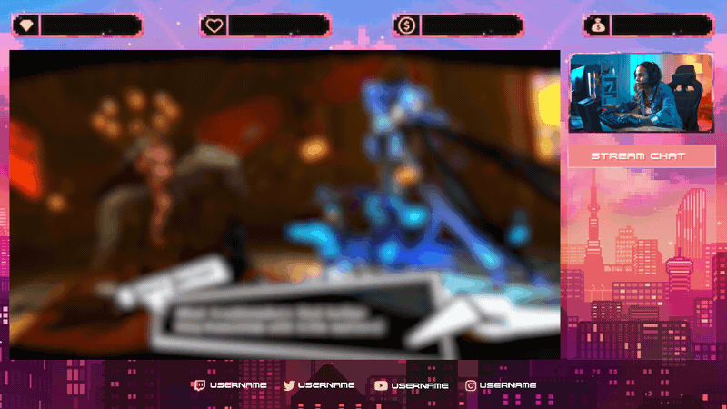 Pixel Lofi intermission overlay featuring a sunset pixel art city, gameplay frame, stream chat, webcam, stream labels, and social media handles.

