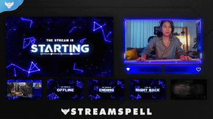 Futuristic stream overlay with blue glowing plexus lines, animated screens and webcam frame, part of the Plexus package by StreamSpell for OBS and Streamlabs.