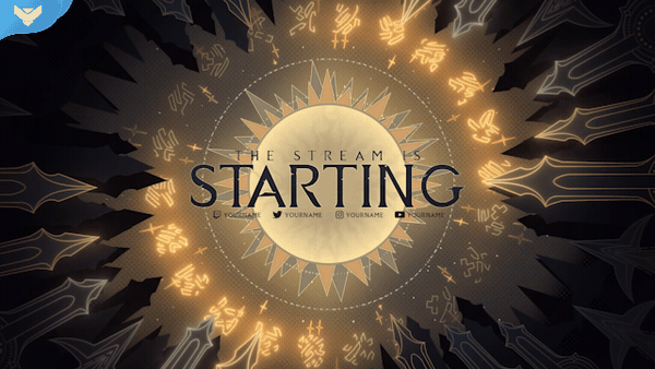 Starting soon screen preview from Sun and Moon Stream Package by StreamSpell, showcasing animated Sun and Moon versions for Twitch, YouTube, and Kick live streaming.