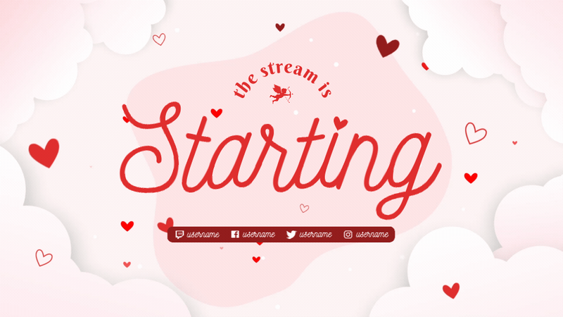 Valentine’s Day starting screen with floating hearts, pink and red romantic aesthetic, and cozy love-inspired design, part of the StreamSpell package for OBS and Streamlabs.